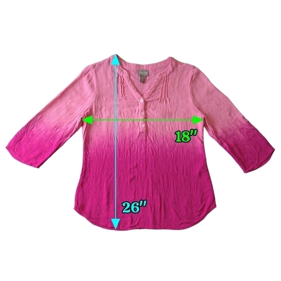 Chico's Pink Ombre Jacquard 3/4 Roll Tab Sleeve Split Neck Henley Blouse Beachy - Picture 3 of 7